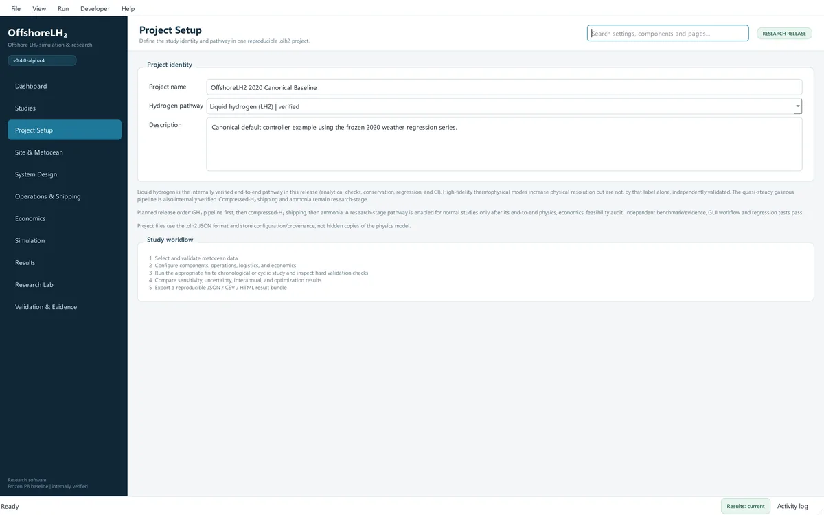 Project Setup page with project name, hydrogen pathway selector and description fields, and notes on which pathways are verified.
