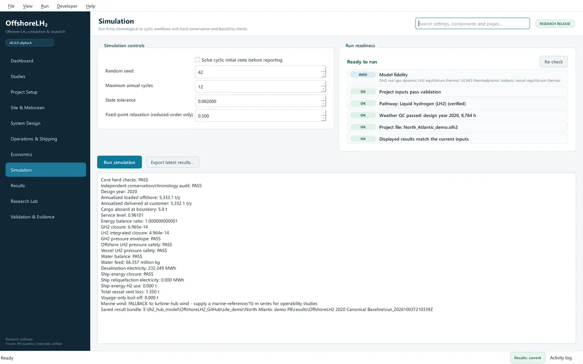 Simulation page with run controls, a run-readiness list in which all items pass, and a run report listing core hard checks PASS, independent audit PASS, closure errors of order 1e-14 and pressure safety checks PASS.