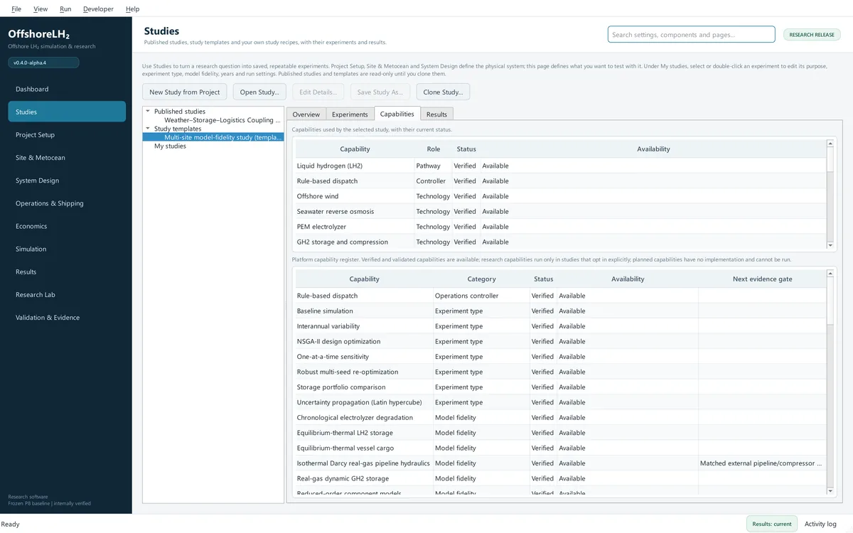Studies page showing the platform capability register, a table of capabilities with their category, status such as Verified, availability and the next evidence gate.