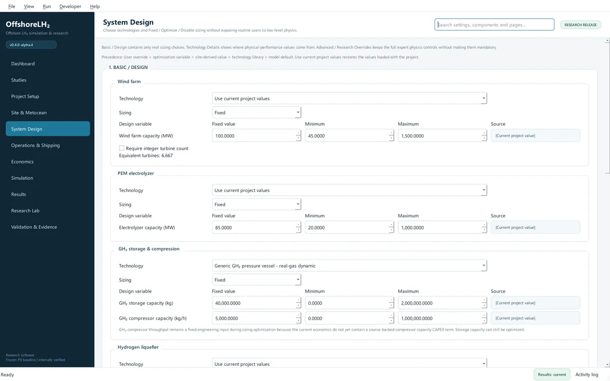 System Design page listing the wind farm, PEM electrolyzer and gaseous hydrogen storage, each with a technology choice, a Fixed or Optimize sizing mode, minimum and maximum bounds and a value source.